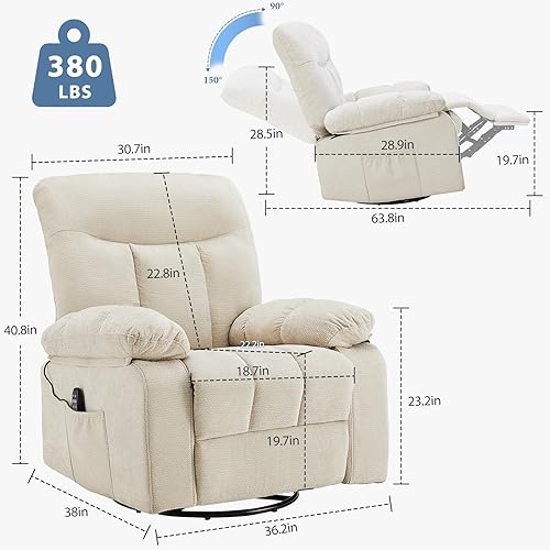 Vista 3 de DUMOS Rocker - Silla reclinable giratoria con masaje por vibración y calefacción lumbar, sillón reclinable de tela de felpilla giratoria de 270°