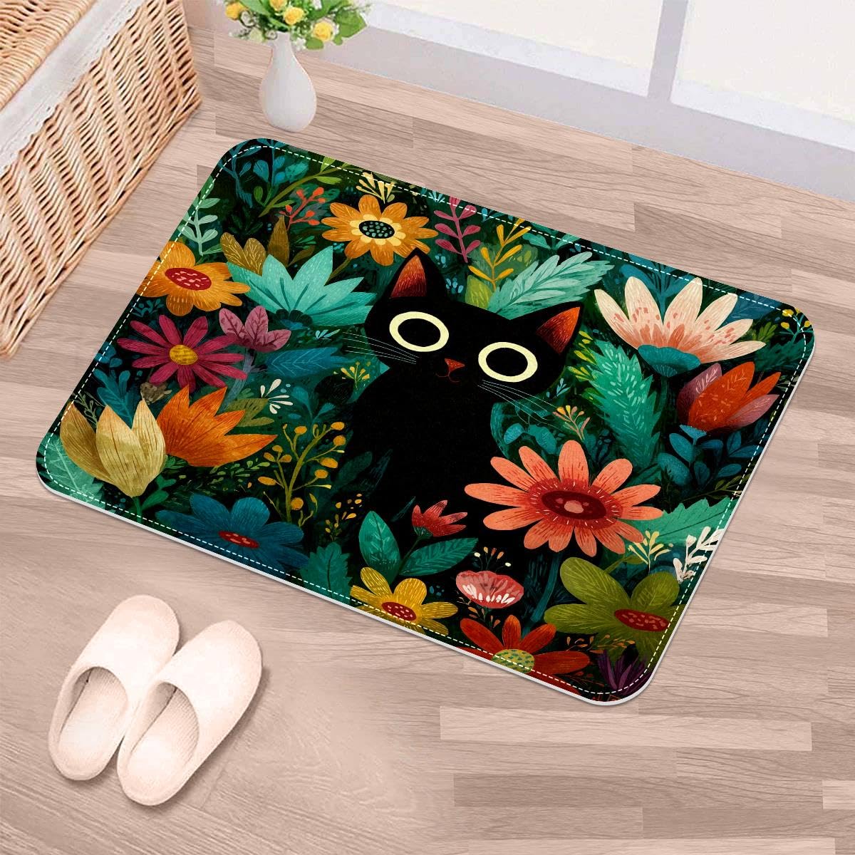 Felpudo de gato negro para puertas exteriores e interiores, tapete lavable decorativo floral