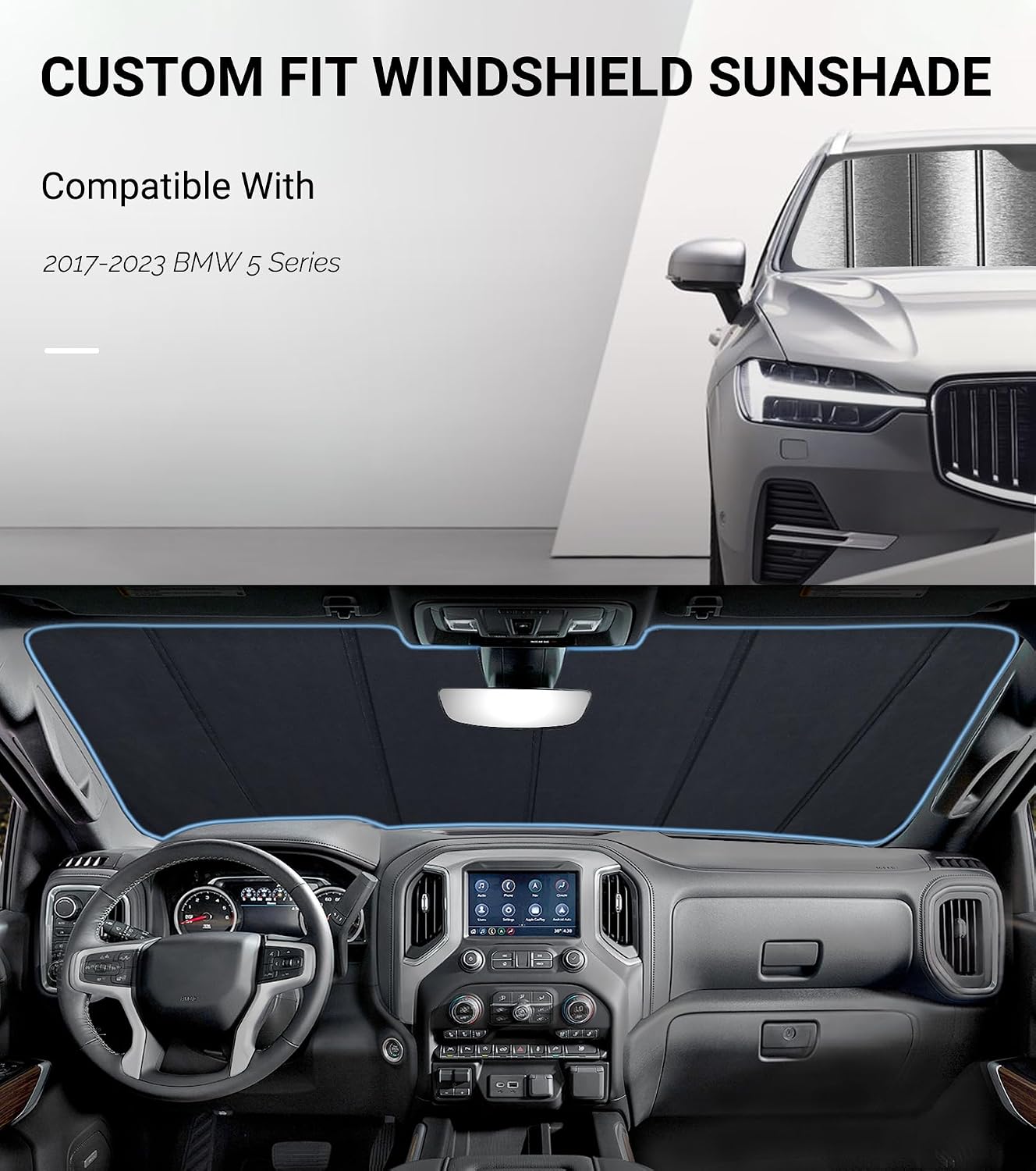 Pigenius Windshield Sun Shade forBMW 5 Series Sedan & M5 (G30/F90) 2017-2023, Fits 530i 540i 530e M550i M5, Metallic Silver Finish