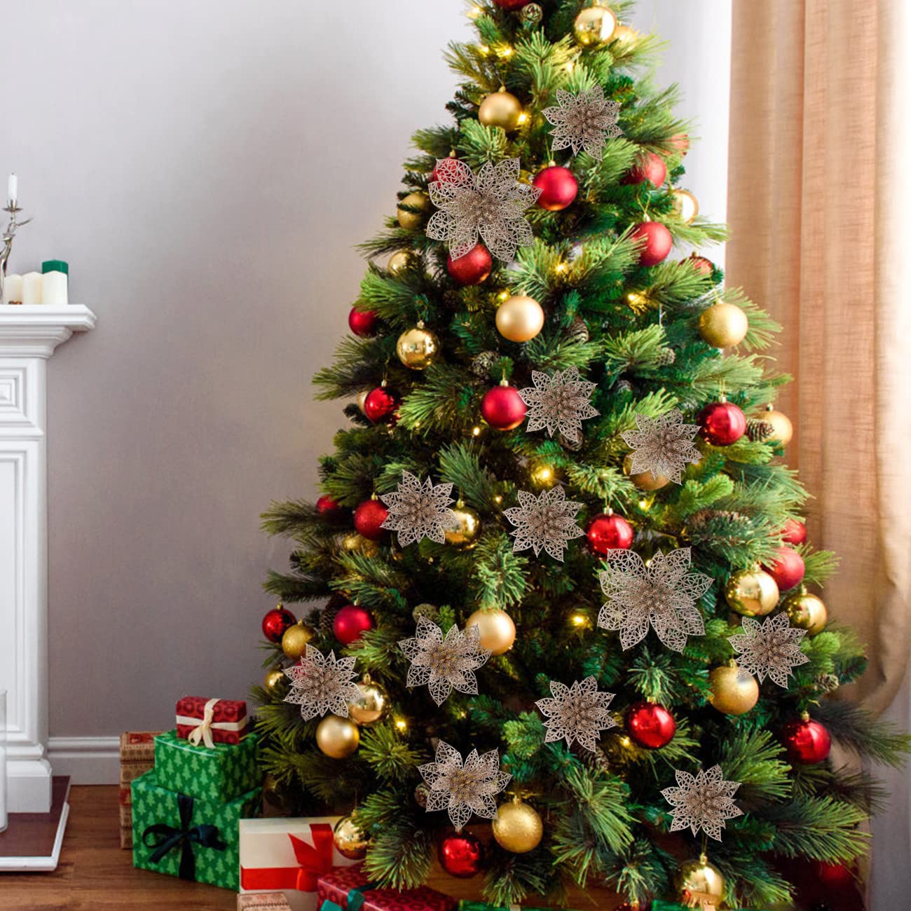 Produktbild von MIKAILE 20 Stück Weihnachten Glitzer Weihnachtsstern Blumen Mit Clips