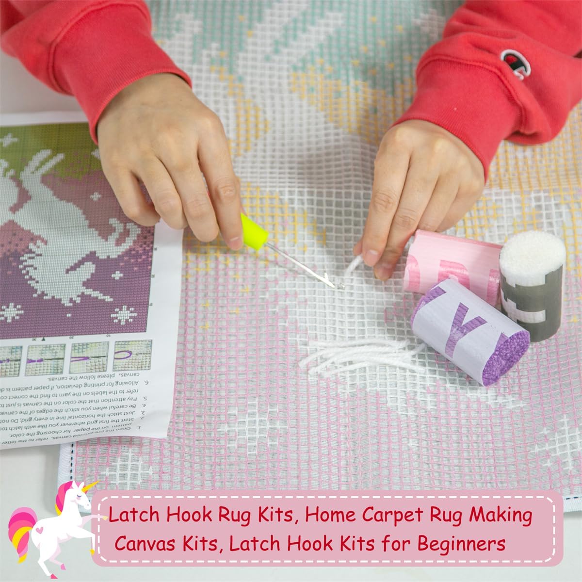 DL-YTG Latch Hook Kits Rug Unicorn Crochet Yarn Cushion Colour Pre-Printed Canvas Cover Rug Needlework DIY Hook and Latch Kit Home Decoration 52x38cm/20 X15inch