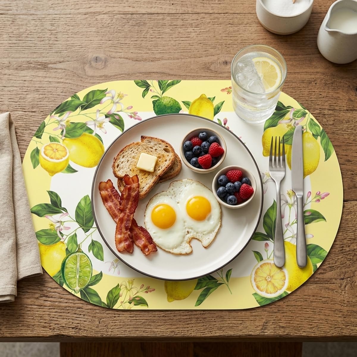 Spring Lemon Oval wipeable Placemats Set of 4, Faux Leather Lemon mat,Heat Resistant, Non-Slip, Stain Resistant, Waterproof, Oil Resistant, Washable, for Festive Party Table Decorations