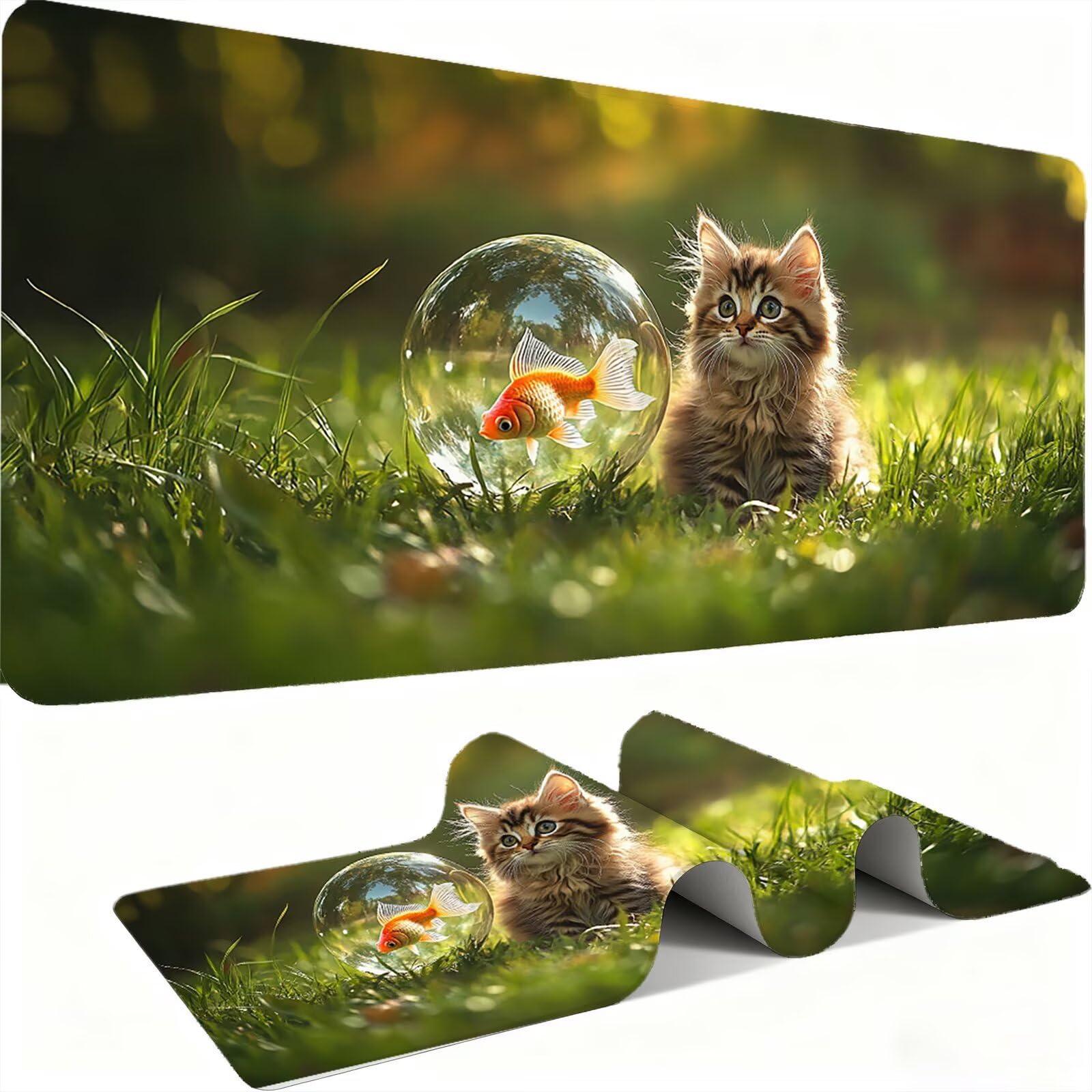 Podkładka pod mysz XXL kot/ryba 1200 x 600 mm duża podkładka pod mysz szyte krawędzie wodoodporna antypoślizgowa duże rozszerzone akcesoria biurowe na PC, przenośna poprawia dokładność i szybkość