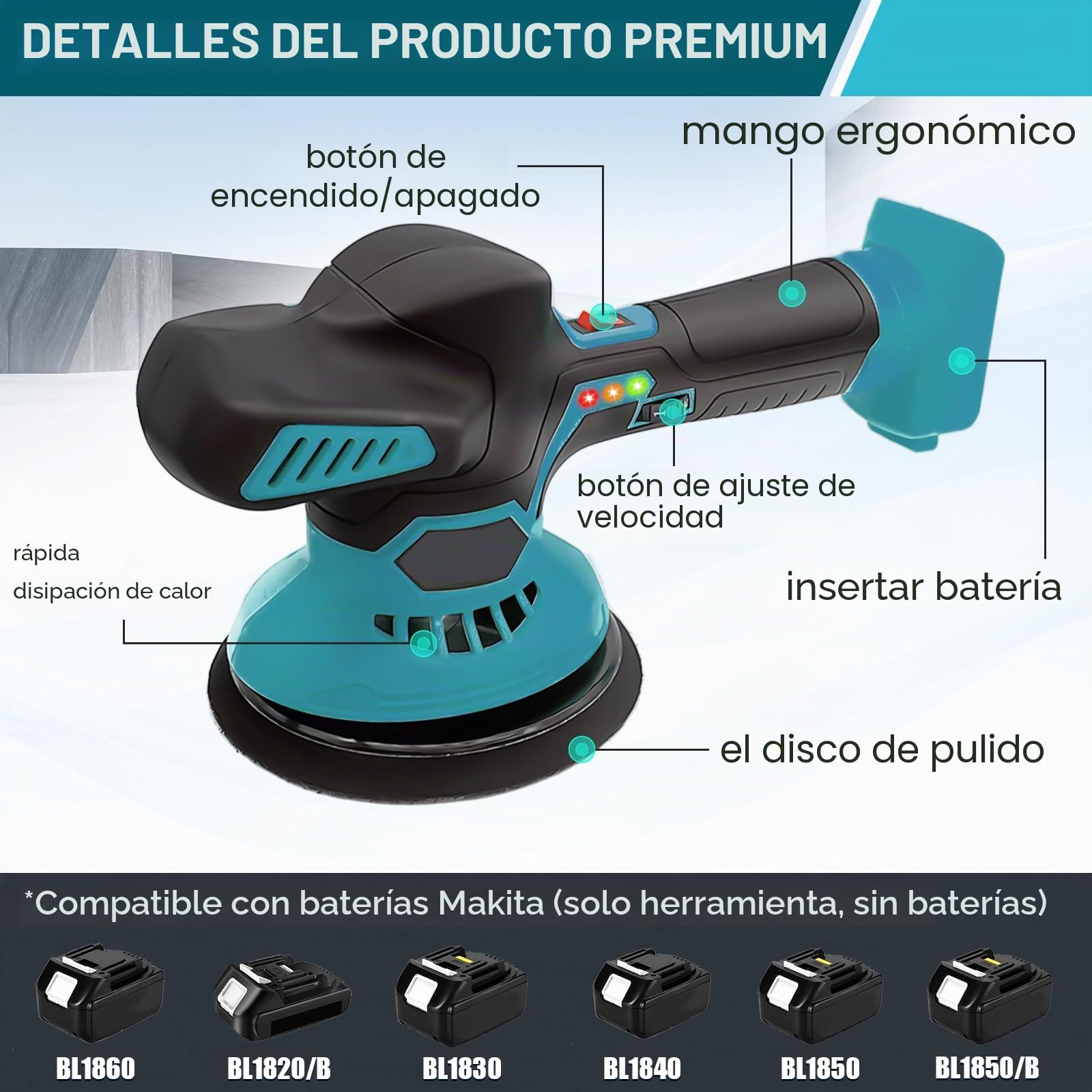 Pulidora de coche para Makita, pulidor orbital de 6 pulgadas con batería, pulidor inalámbrico de 5800 RPM con 6 velocidades variables para detalle/pulido/cera de automóviles, 22 piezas de accesorios