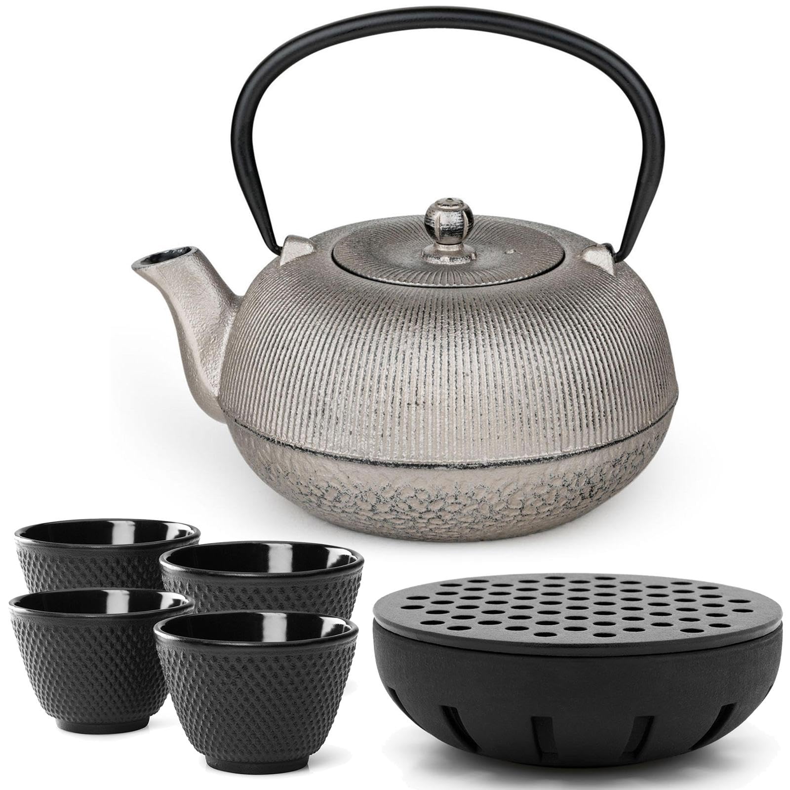 Bredemeijer Tee-Set - Teekanne Gusseisen 1,0 L in Silber-Antik-Optik - Set mit Stövchen für 1 Teelicht & 4 schwarzen Teebechern - Kanne für alle Herdarten geeignet