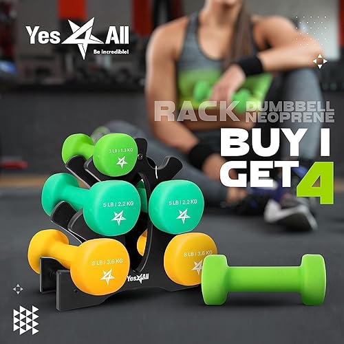 Miniatura 7 de Yes4All - Juego de mancuernas de neopreno con estante/3 pares de 3, 5 y 8 libras para cualquier entrenamiento de gimnasio en casa, antideslizantes,