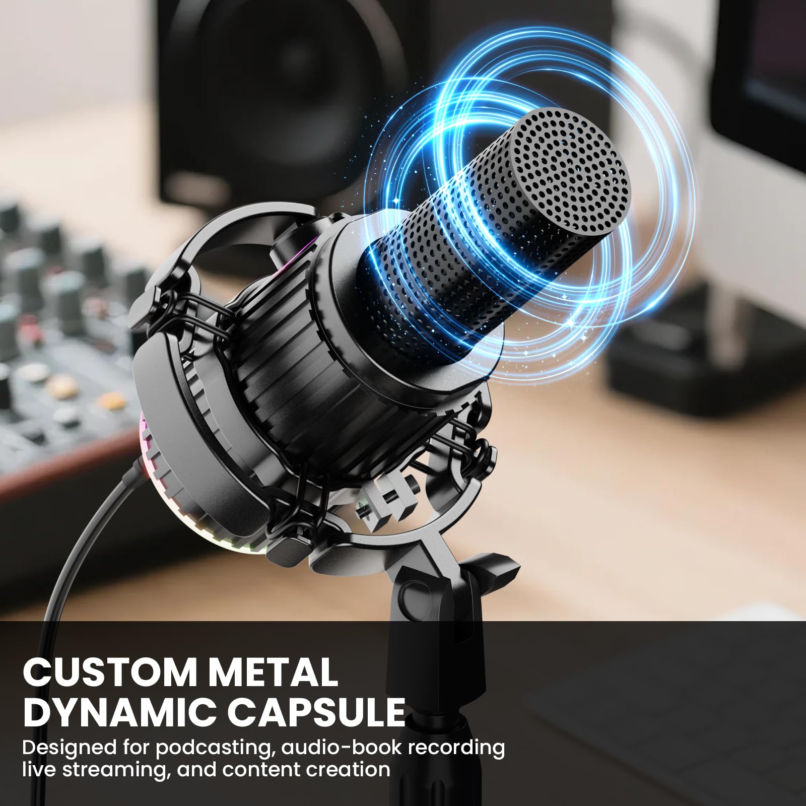 BASN Micrófono dinámico USB/XLR para podcast, transmisión en vivo, grabación de juegos con botón de silencio RGB, monitoreo de auriculares y soporte para micrófono (SL2000), color negro
