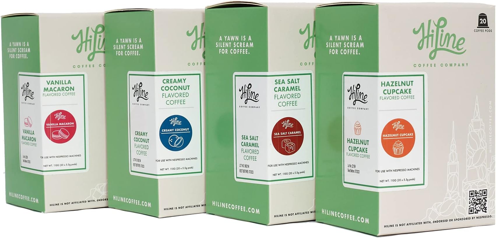 HiLine Espresso Flavored Coffee Pods Variety Pack, 20 Count (Pack of 4), Single Cup Espresso Capsules, Compatible with Nespresso Original Brewers, Vanilla, Caramel, Coconut, & Hazelnut