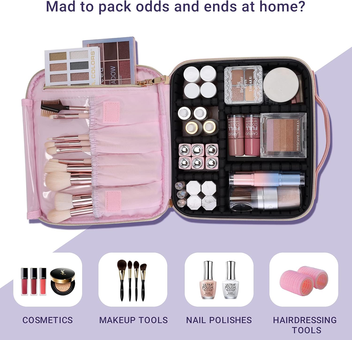 Joligrace Makeup Bag Cosmetic Case Vanity Travel Beauty Box Make Up Train Case Hairdressing Tools Organiser with Adjustable Compartment and Tools Bag, Cute Pink 9