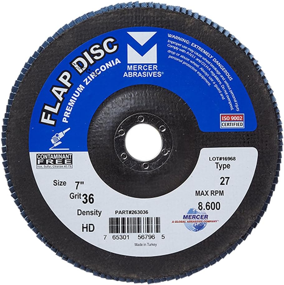Mercer Industries 263036 Zirconia Flap Disc, High Density, Type 27, 7 x 7/8, Grit 36, 10 Pack