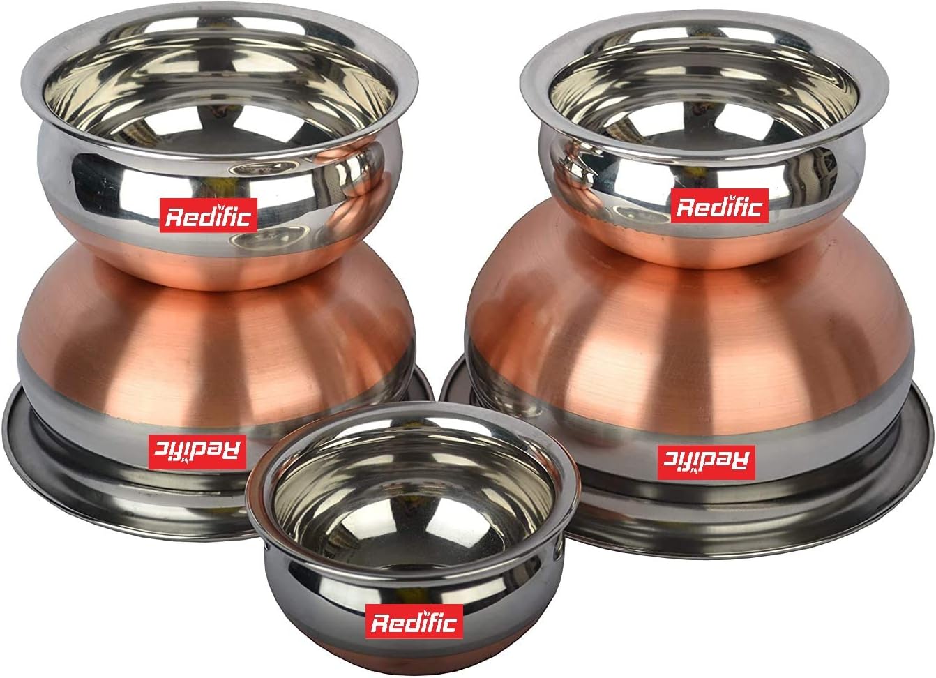 Redific Stainless Steel Copper Bottom Handi, Cooking Serving Bowl, Cookware Set of 5 Pieces with lid Size: 1.600, 1.200, 0.850, 0.650, 0.400 litre (Copper, Stainless Steel, Non-Stick)