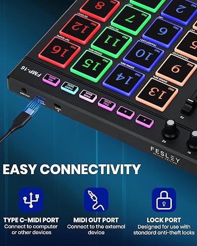 Miniatura 5 de Fesley MIDI Pad Beat Maker, controlador de teclado MIDI USB con 16 almohadillas de batería para principiantes, 2 desvanecedores y perillas