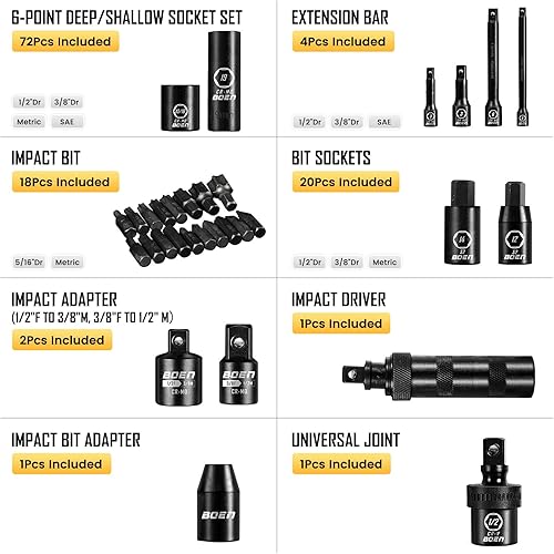 Miniatura 7 de BOEN Juego de 122 piezas, incluye unidad de 12 pulgada y juego de llaves de vaso de 38 pulgadas SAEmétricas profundaspoco profundas, 14 pulgadas, 38