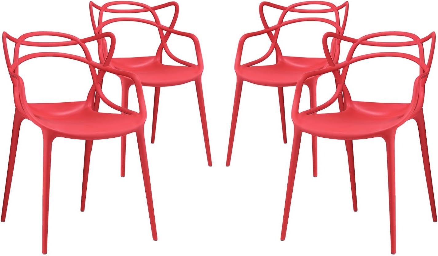 Modway Entangled Modern Molded Plastic Four Dining Armchairs in Red