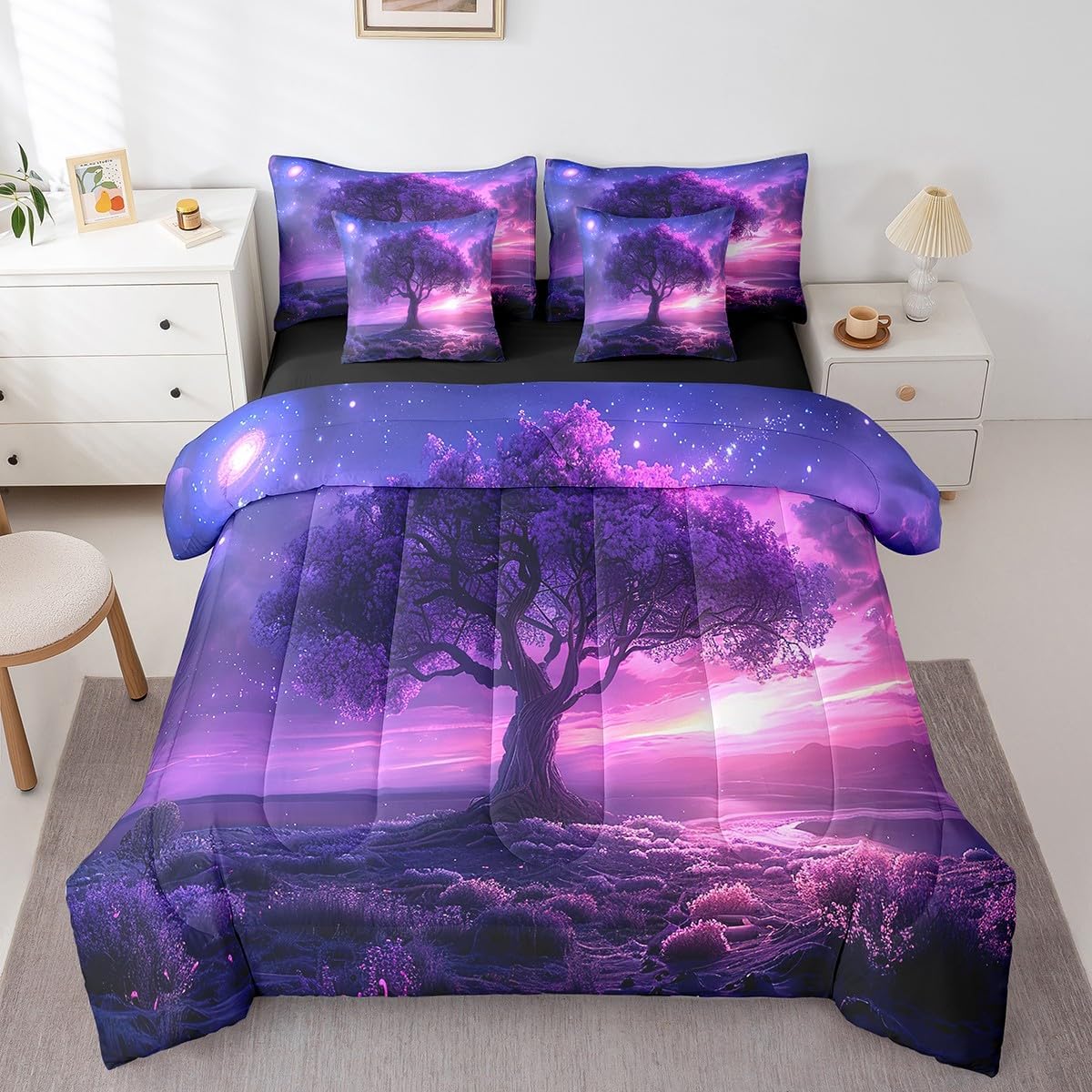 Erosebridal Trees Bedding Full Size 7pcs Bed in a Bag, Sunset Dusk Branches Leaves Bedding Comforter Sets, Cloud Starry Sky Woodland Bed Sheets Set, Purple Blue Pink Night Landscape Comforter Set