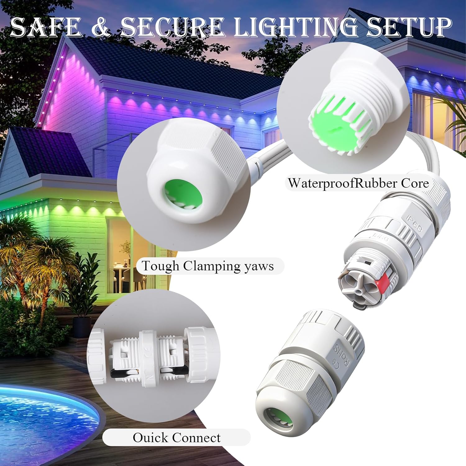 Waterproof 3 Pin Connector Compatible with Govee H706A H706B H706C H705A H705B H705C,Permanent Outdoor Lights Wire Connector with Male Female Connectors for String Light Repair Kit 2 Pcs