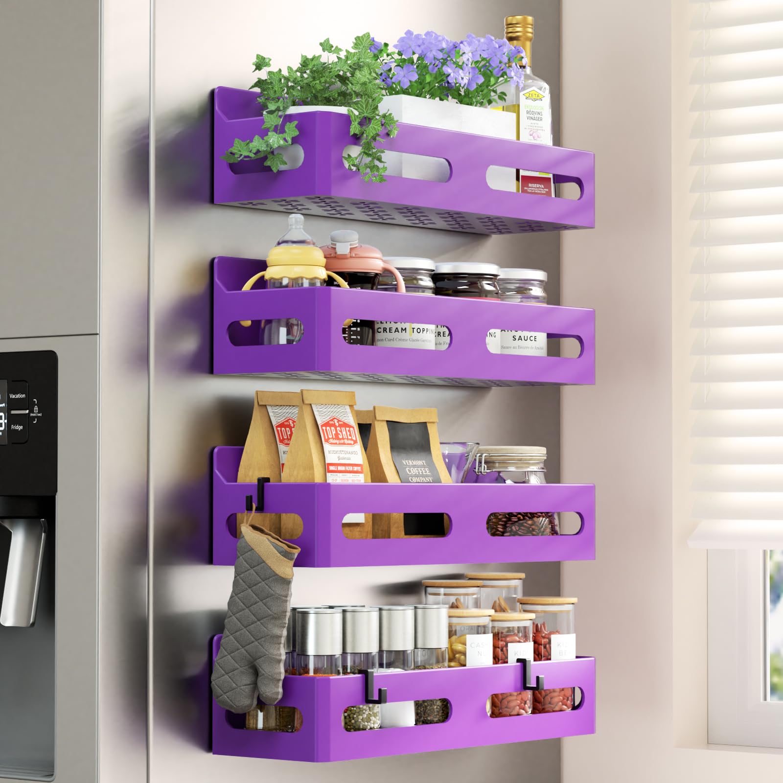 Sevenblue 4-Pack Magnetic Spice Rack for Refrigerator with Hooks, Purple