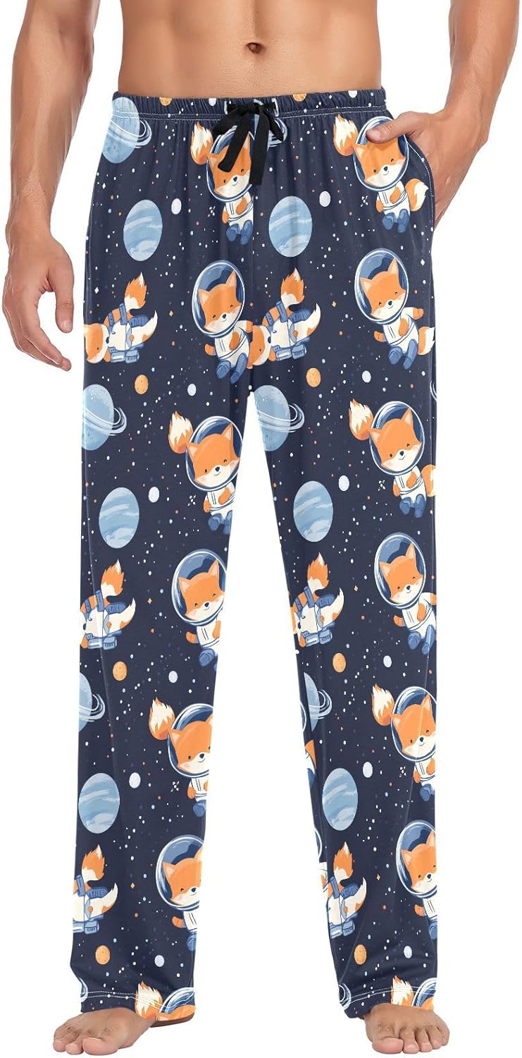ALAZA Astronaut Fox Planet Men's Pajama Pants Men Cotton Pajama Bottoms with Pockets, S
