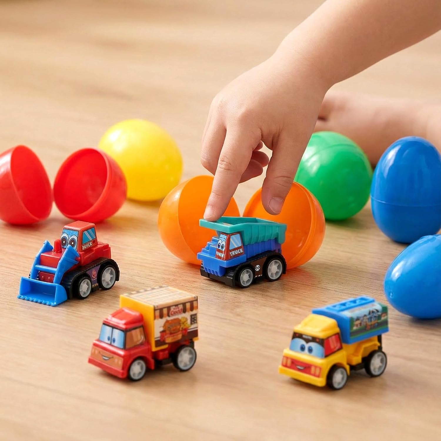 12 Pcs Easter Eggs Prefilled with Toy Cars, Filled Pull Back Construction Vehicle, and Race Car for Kids Boys Hunt, Basket Stuffers, Party Favors, Classroom Prize