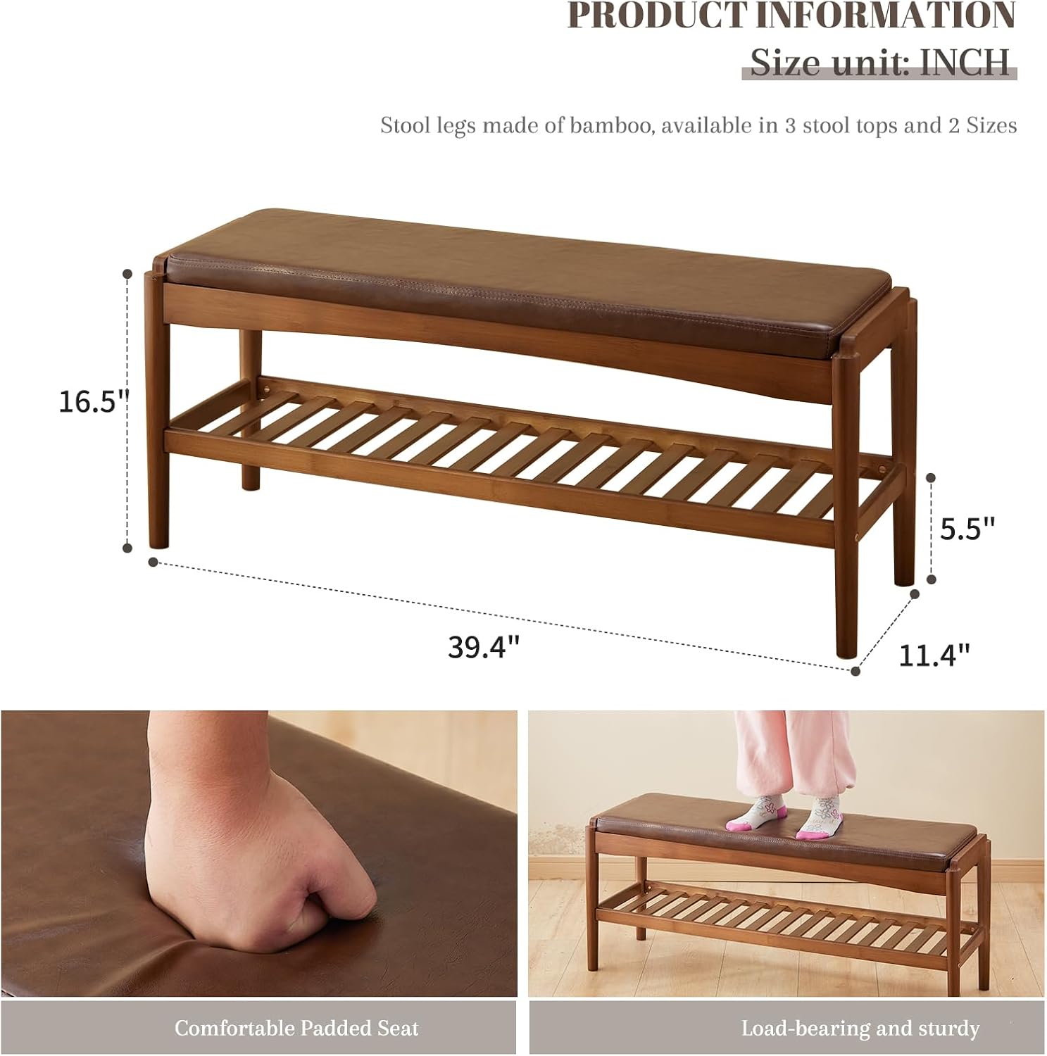 Shoe Rack Bench Entryway Bamboo Shoe Storage Bench with Leather Cushion 2 Tiers Shoe Rack Entryway Bench for Hallway, Living Room,Bedroom(Walnut Bench top+Brown Frame)