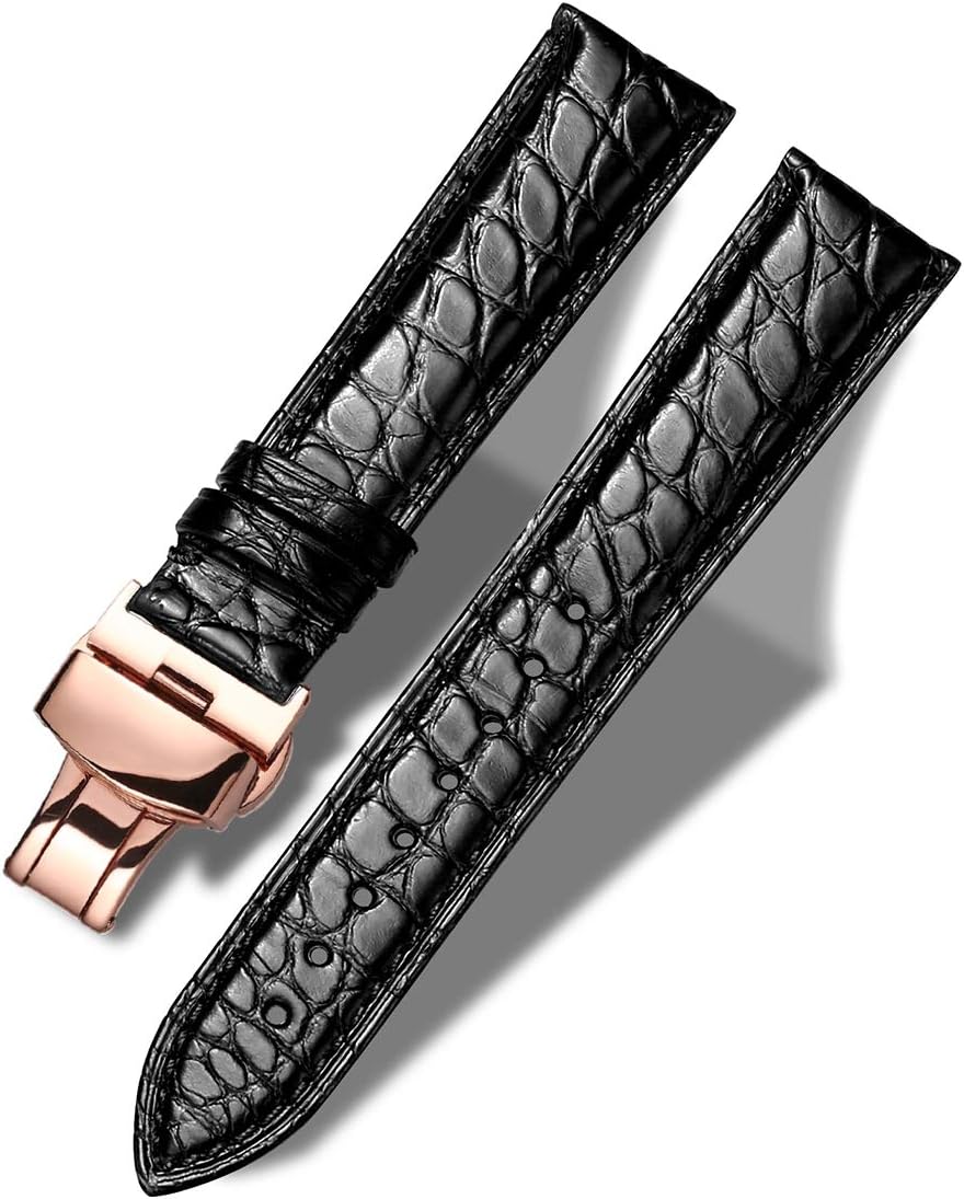 Moran Alligator Leather Watch Band Replacement Deployment Butterfly Buckle 18mm 19mm 20mm 21mm 22mm 23mm 24mm Crocodile Watch strap for Men and Women (Alligator Black-Rose Gold Buckle, 21mm)