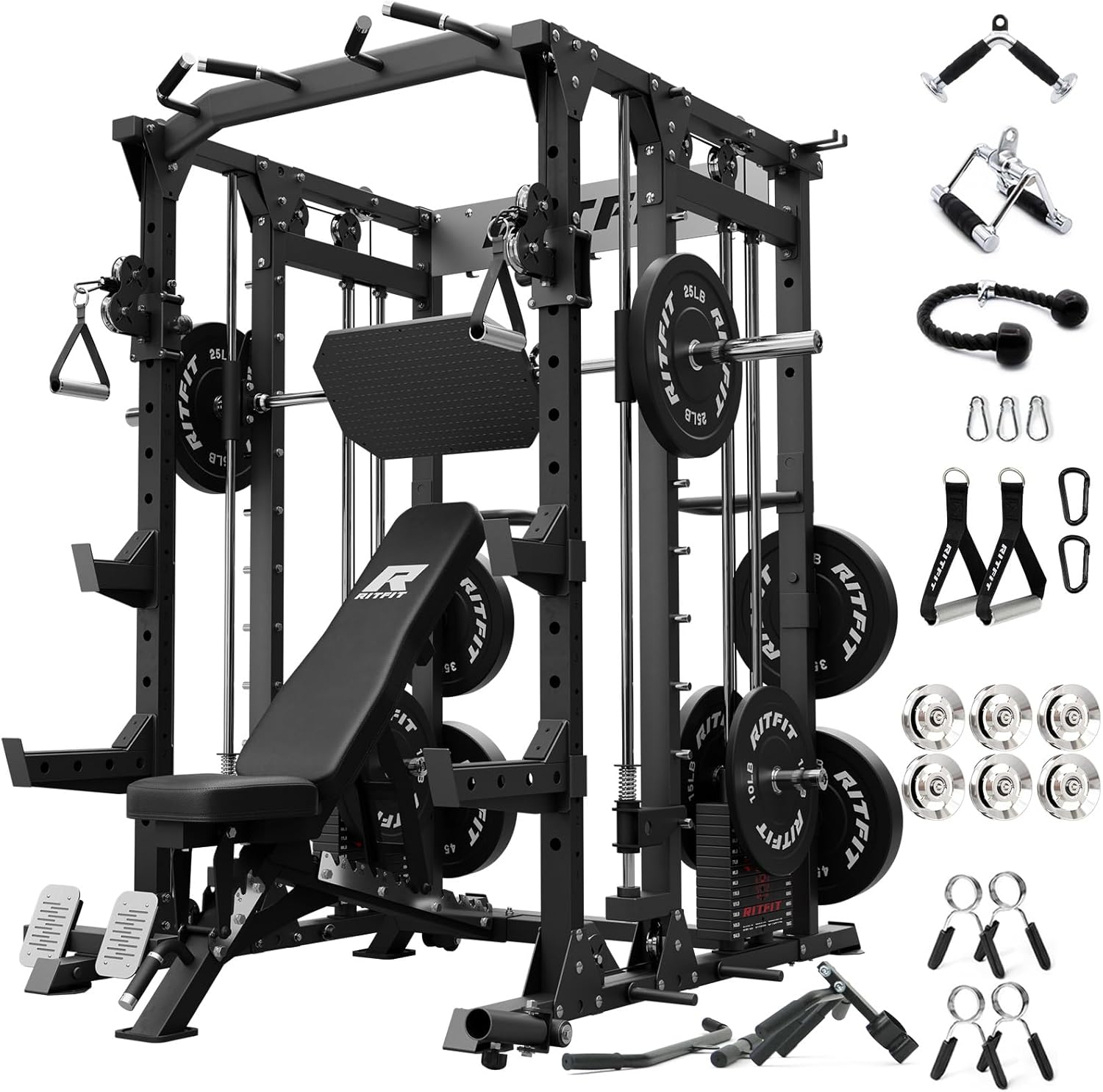 RitFit Buffalo Smith Machine Package, All-in-One Power Cage with Weight Stack , Power Rack with Cable Crossover & Leg Press Attachment for Home Gym