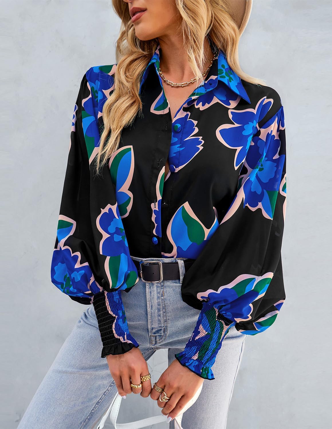 Long Sleeve Button Down Shirts for Women Dressy Casual Blouses Oversized Floral Tops with Lantern Sleeve - Image 2