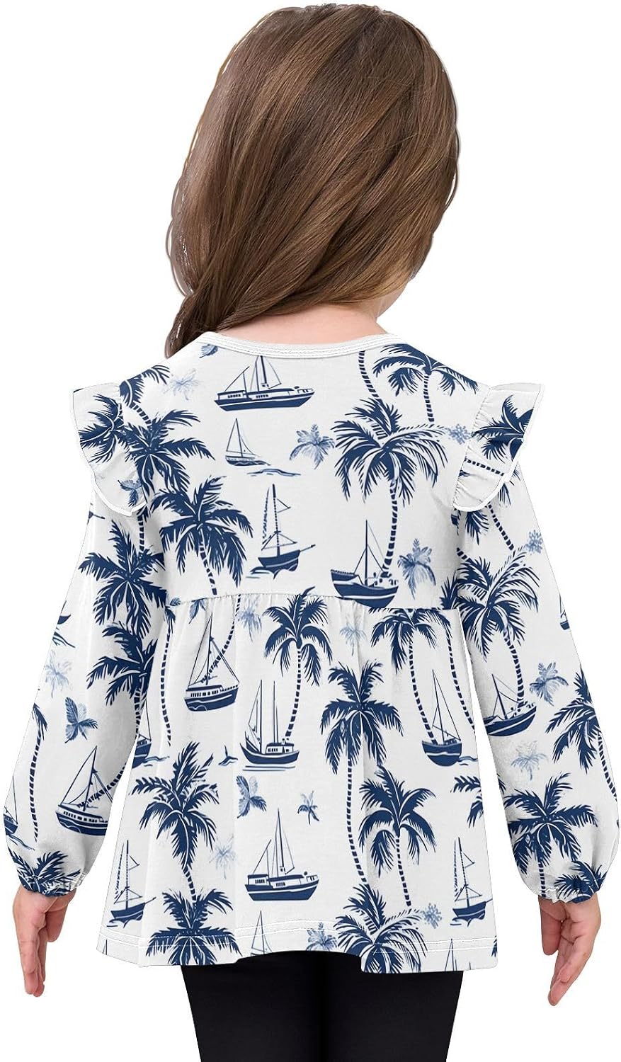 visesunny Toddler Clothes for Girls Palm Tree Boat Long Sleeve Fall Shirts Cotton Top with Ruffle Collar