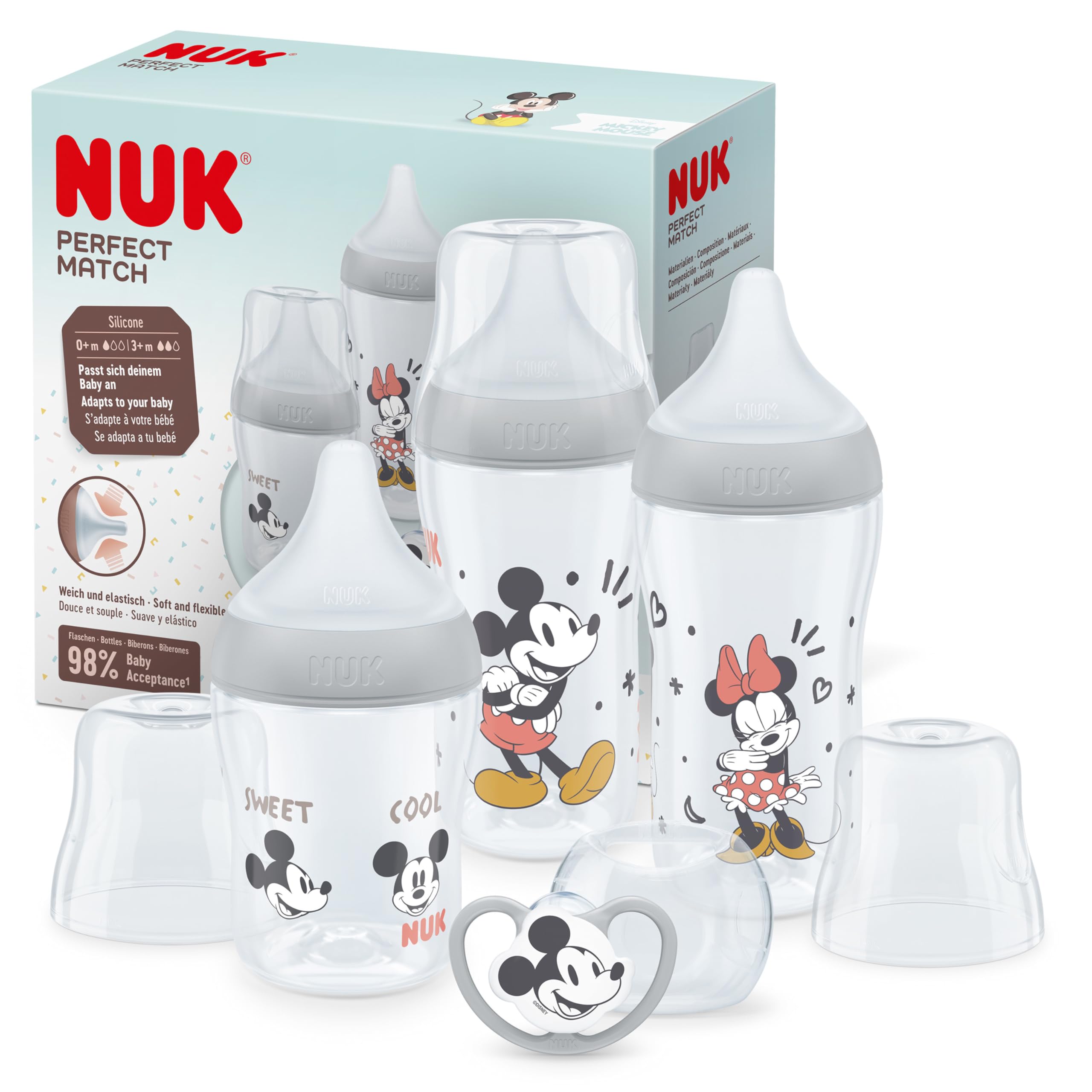 Set NUK Perfect Match: 3 biberones anticólicos + chupete Mickey