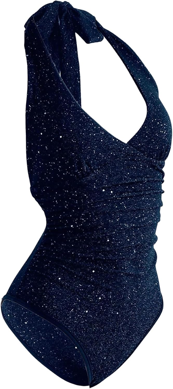Verdusa Women's Rave Glitter Sparkly Tops Tie Backless Halter Bodysuit Sleeveless Leotard Tops