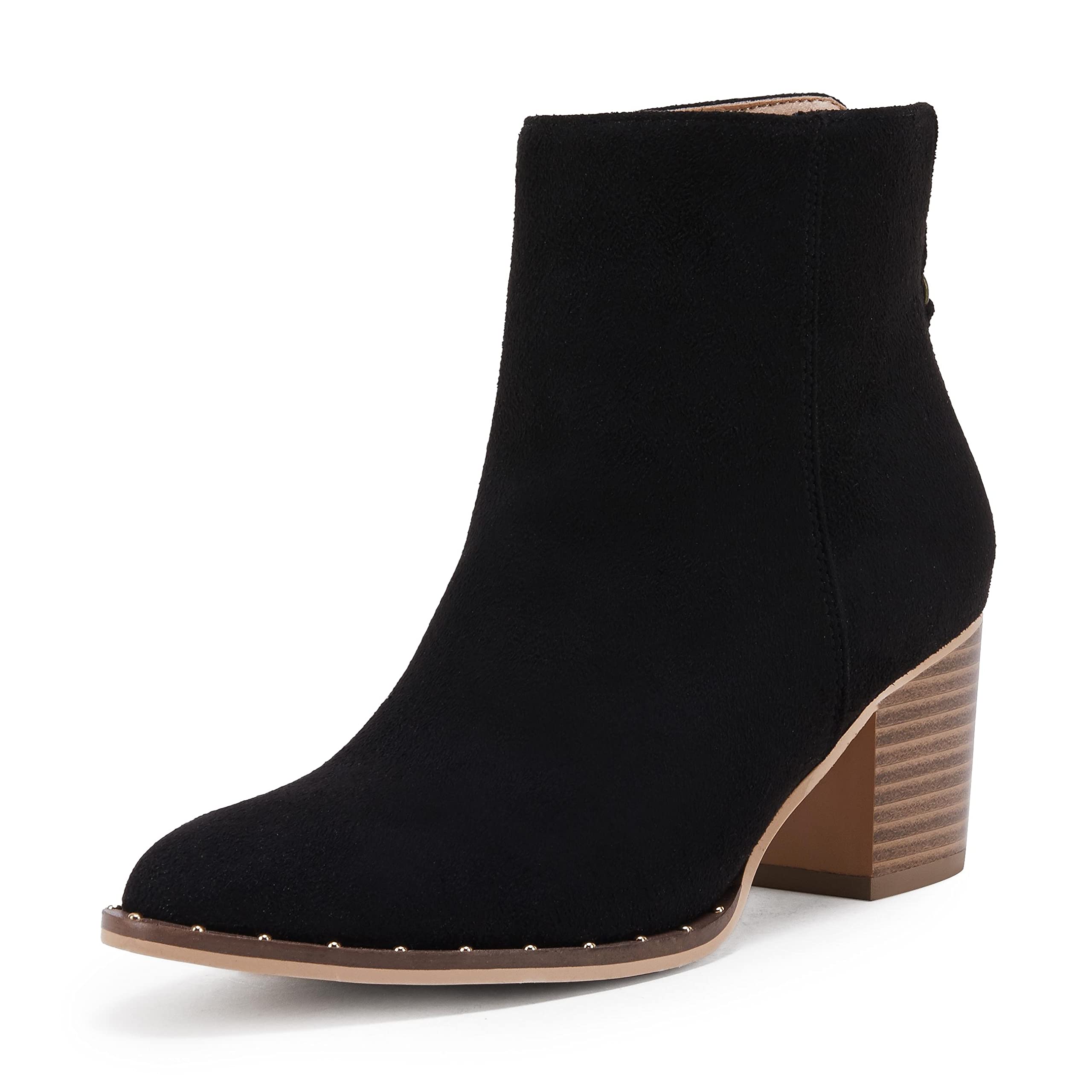 Womens Pointed Toe Ankle Boots Chunky Stacked Block Mid Heel Back