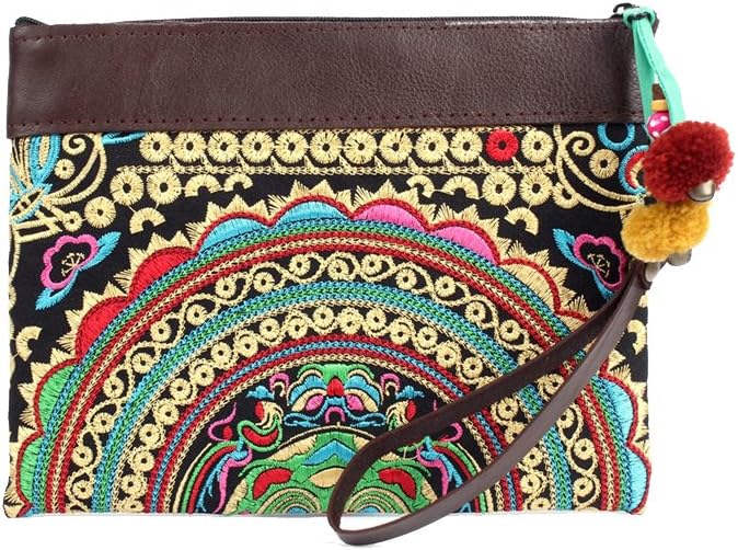 Ethnic Lanna Hmong Tribal Clutch and Wristlet Embroidered Mandala Fabric Brown Leather and Pompoms