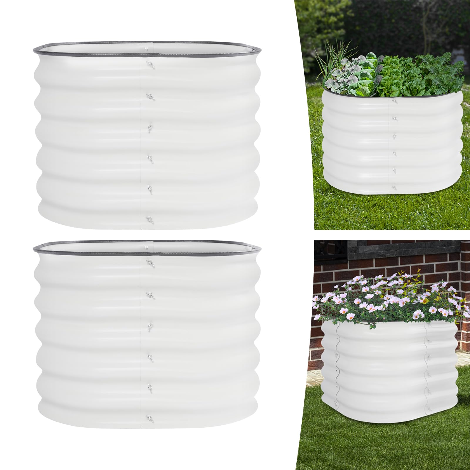 Juego de 2 camas elevadas redondas con guantes y cubierta de goma, jardineras elevadas para exteriores, aptas para el cultivo de verduras, hierbas y flores en el jardín, 60 × 60 × 43 cm, color blanco
