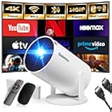 Mini Projector with WiFi and Bluetooth Built-in Apps Smart Projector Support 4K 1080P FHD 180° Adjustable Auto Keystone Compatibile with HDMI/TV Stick/Memory Stick/Laptop, White
