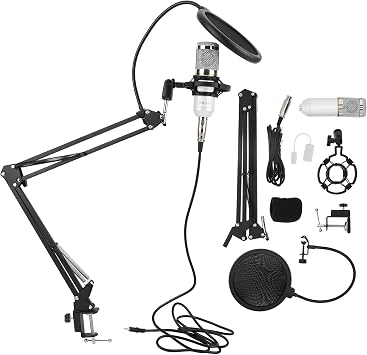 BM800 Condenser Microphone Kit, USB Recording Microphone with Flexible Arm, Studio Quality Sound for Streaming Singing Podcasting, Includes Shock Mount Desk white+silver