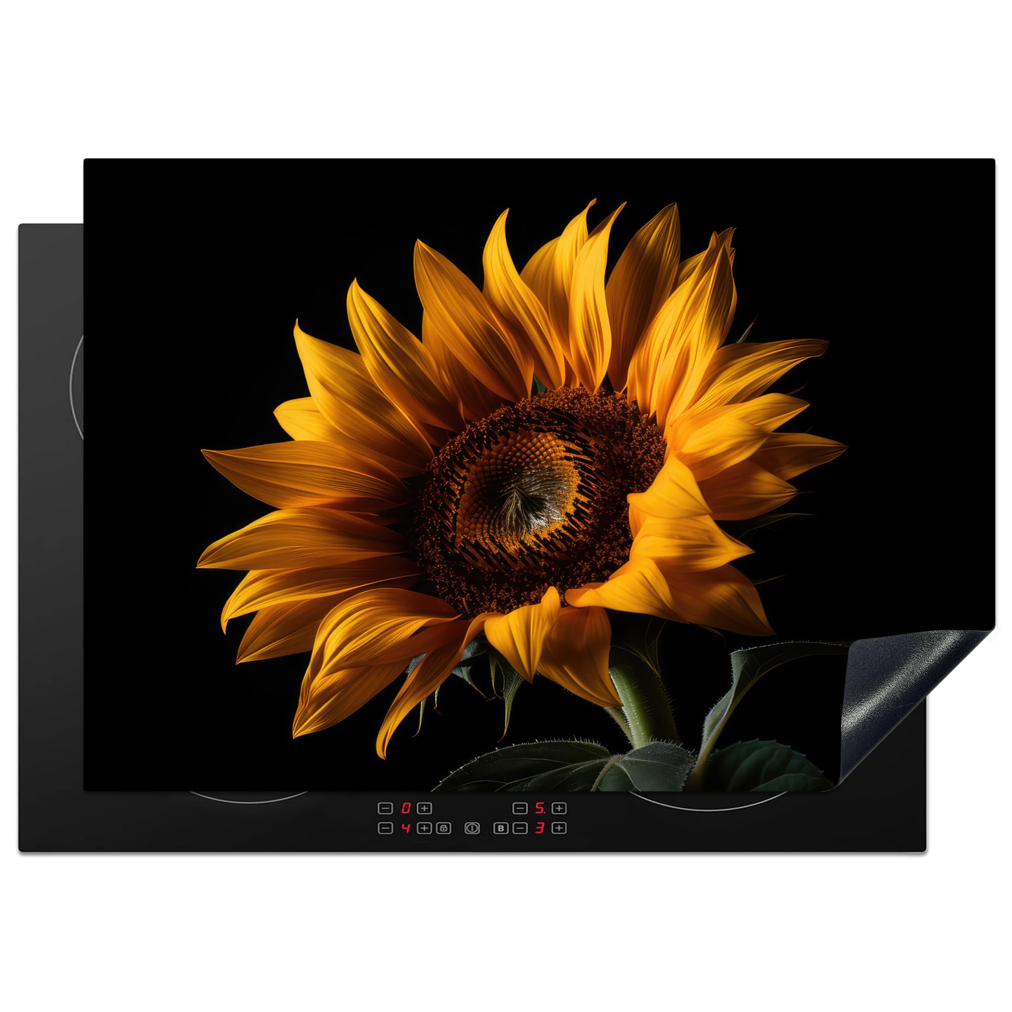 KitchenYeah© Induction Hob Protector Mat 20.5"x29.5" / 75x52 cm Cooker Top Protectors Cover Ceramic Covers Electric Hobs Vinyl Flowers - Botanical - Black - Sunflower — image 1