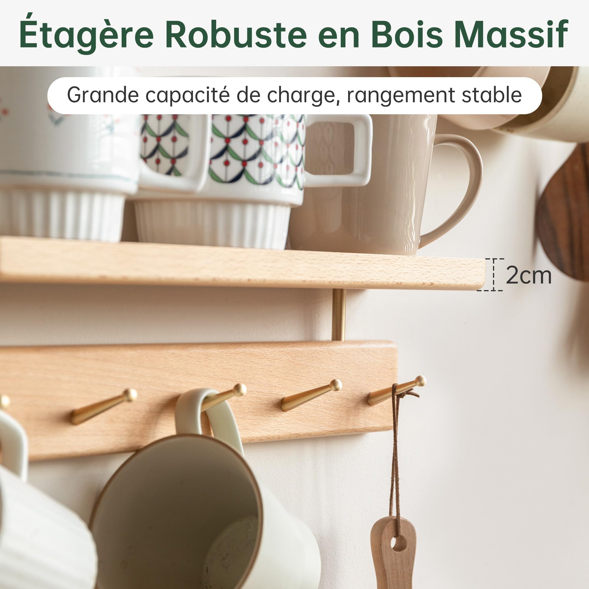 YESWOOD Porte Manteau Mural en Hêtre Massif, 7 Crohets en Laiton, Porte Clé Mural avec Étagère, Patère Mural pour Vêtements, Chapeaux, Serviettes, Hêtre Naturel