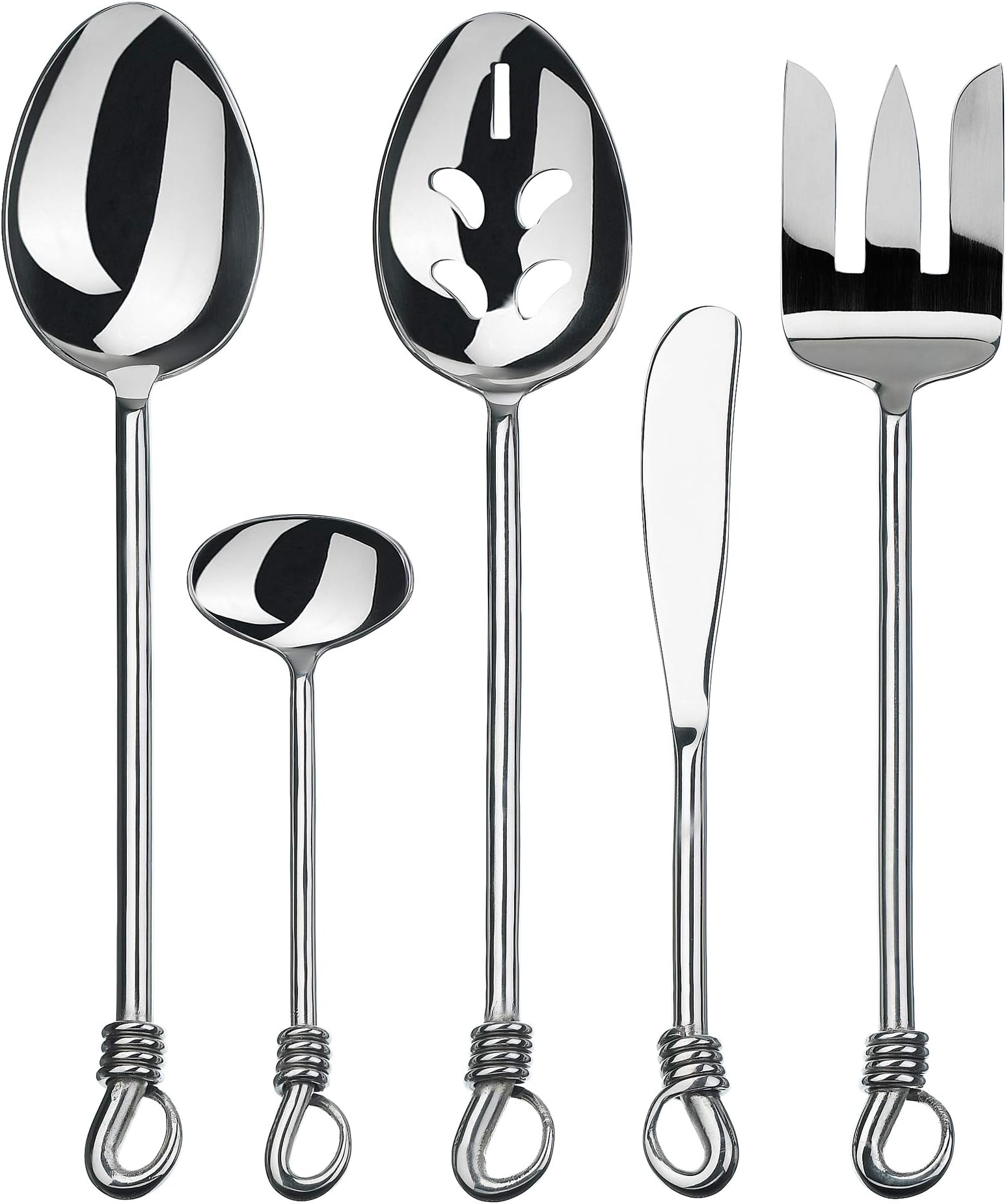 Gourmet Settings 5-Pieces Hostess Silverware Twist Collection Polished Metal Flatware Serving Set, Stainless Steel Kitchen Utensils Knife/Fork/Spoons (34-701)