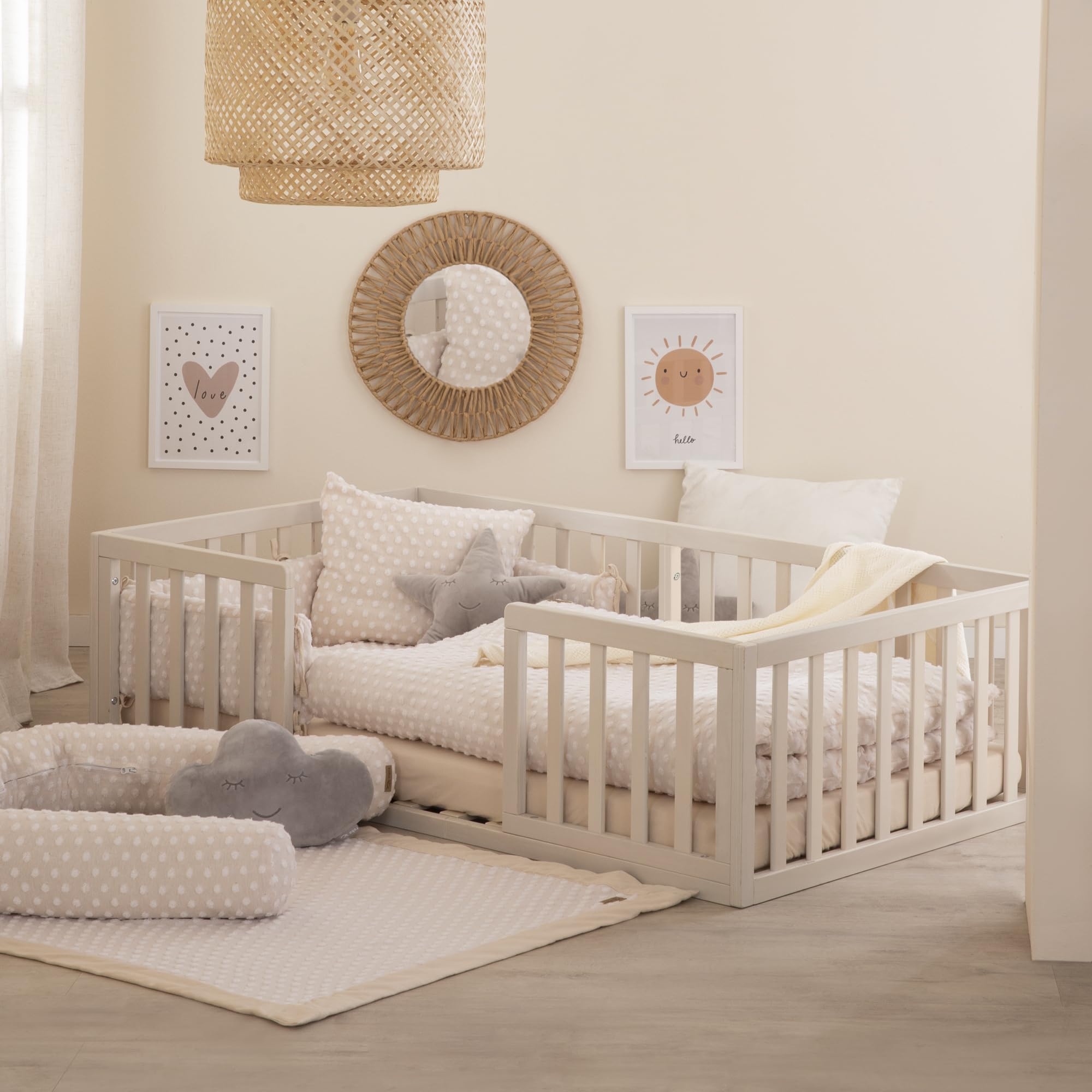roba Letto Montessori a Pavimento 70 x 140 cm per Bambini - Con Rete a Doghe e Protezione Anticaduta - Concetto di Riposo a Livello del Pavimento per Bambini Piccoli - Stone Washed