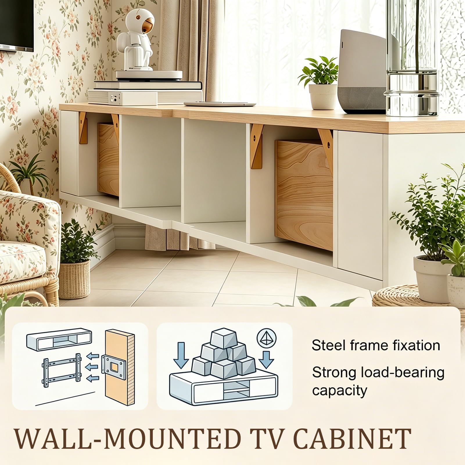 Mobile TV moderno 280 cm Beige e Bianco, Mobile TV basso con 2 cassetti e 2 ante a ribalta, Piano TV sospeso, Gestione dei cavi di alta qualità, Tavolo TV per soggiorno e sala da pranzo