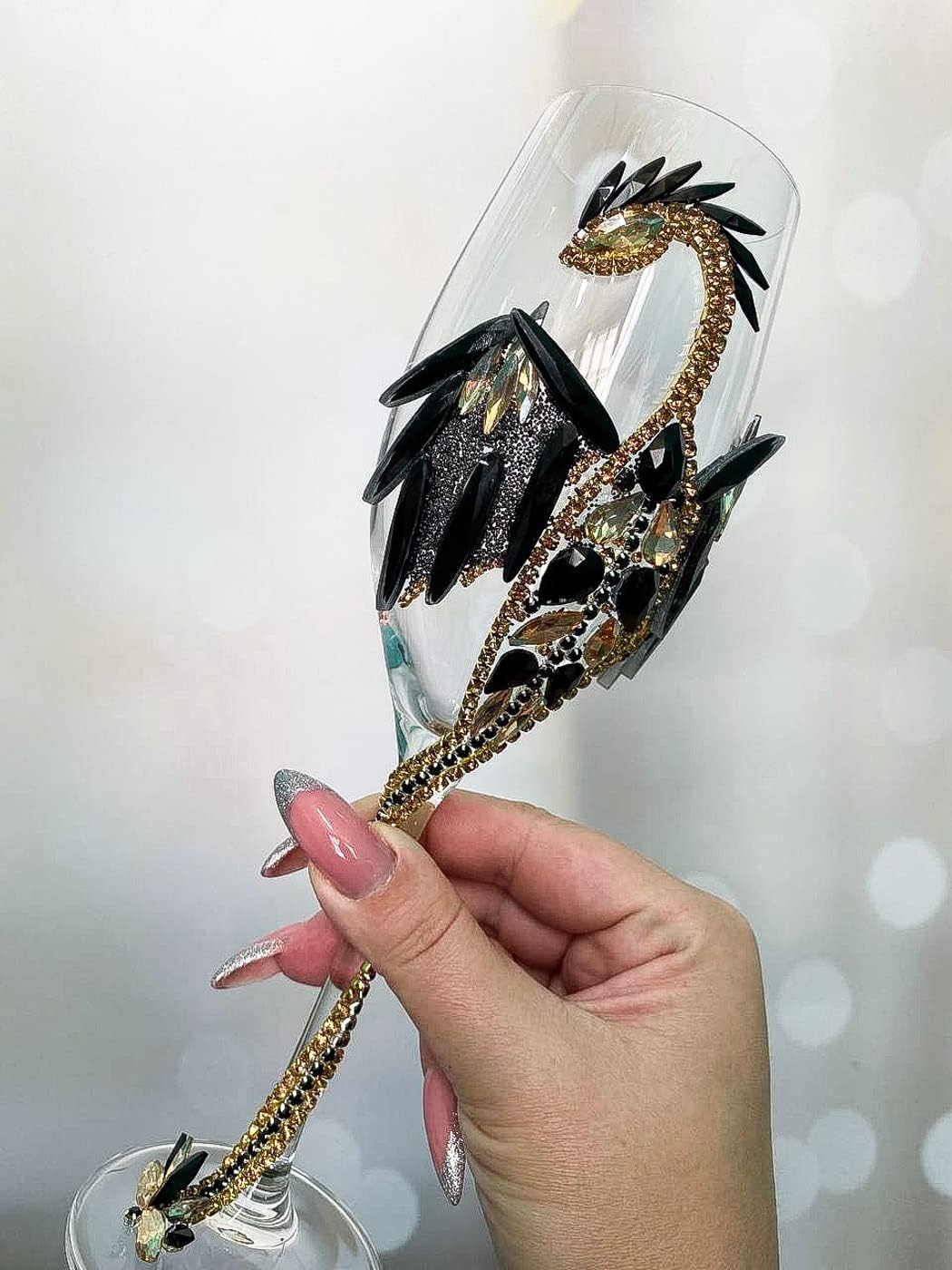 Gold Dragon Wedding Wine Glass for Bride or Groom with Black Crystal Wings and Stones