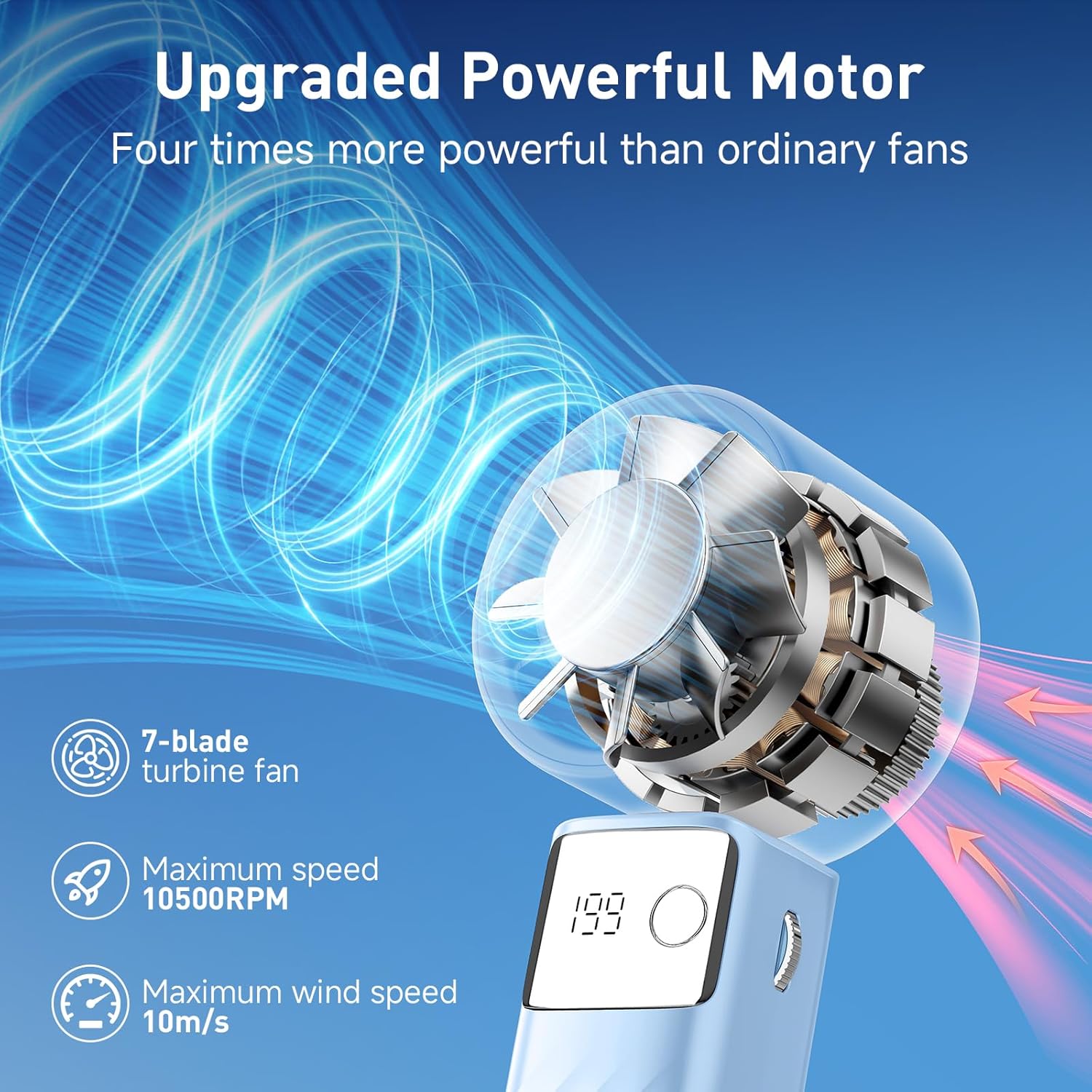 YOSHENMO Portable Handheld Turbo Fan - Foldable Mini Fan with Air Turbo Tech, 1-199 Speed Adjustment, 20H Runtime, LED Display, Battery-Powered for Indoor/Outdoor Use Light Blue thumbnail