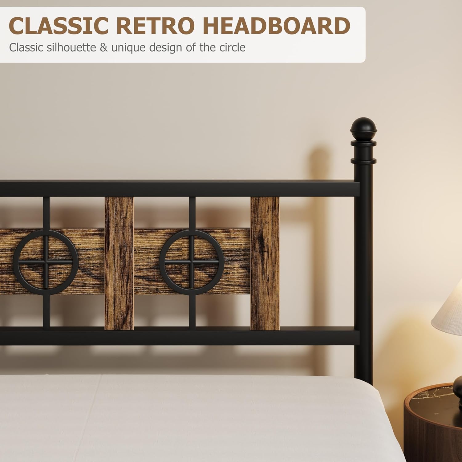King Size Bed Frame with Headboard and Footboard & Storage Space Under Bed, Metal Twin Bed Frame w/ Vintage Circular Design, No Box Spring Required, Noise-Free, Easy Assembly (Brown, King Siz)