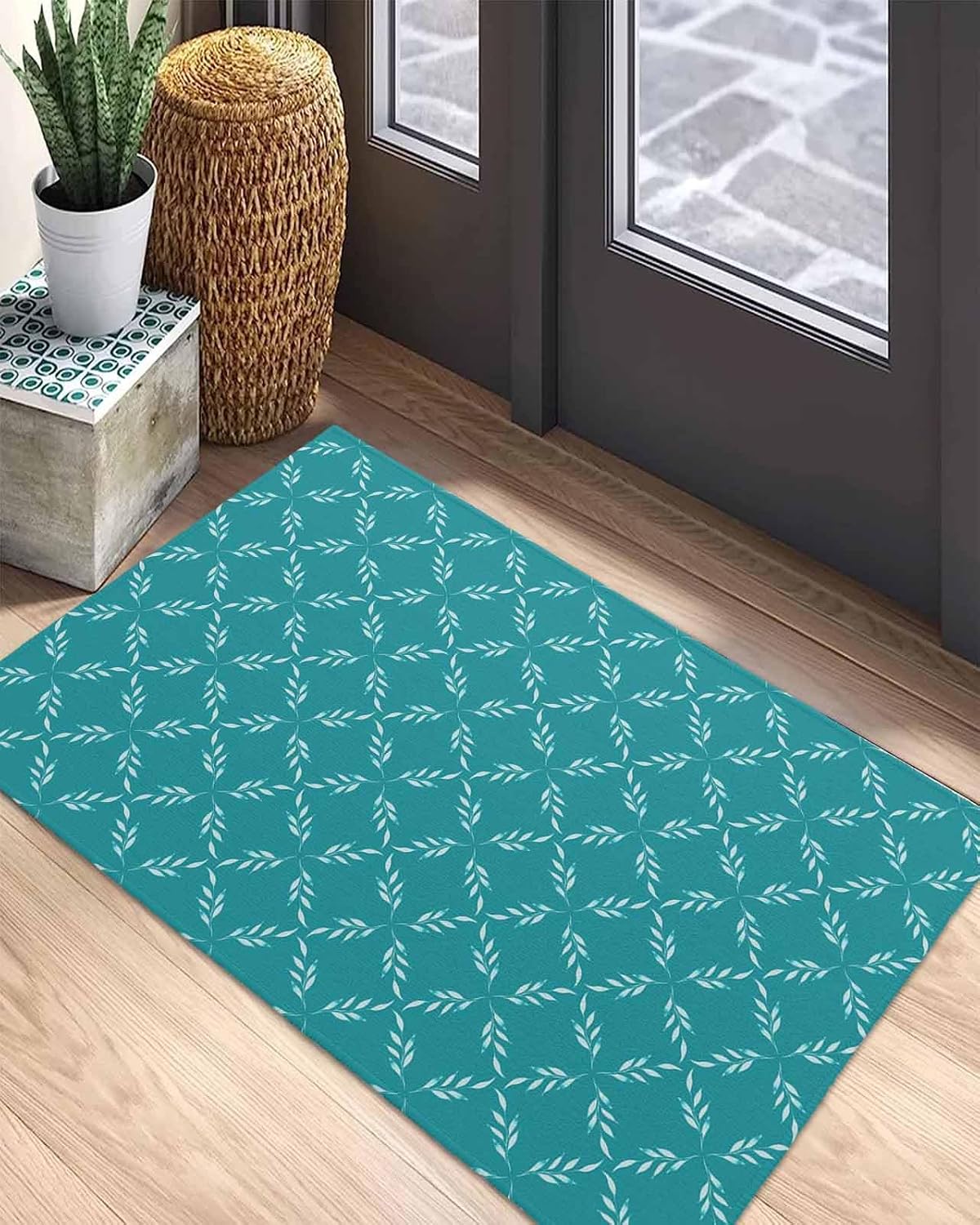 Front Door Mat, Non - Slip Absorbent Teal Green Modern Door Entry Mats, Doormats Indoor/Outdoor Entrance Small Rugs, Geometric Diamond Trellis Patterned Doormat - Floor Mats for Home 24x36 Inch