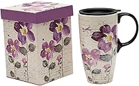 Topadorn 17oz Tall Ceramic Travel Mug with Sealed Spill-Proof Lid & Gift Box - Purple Flower, Dishwasher Safe