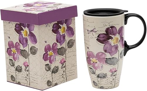 A Ting taza alta de viaje de cerámica de 17 onzas Tapa sellada con caja de regalo, Purple Flower