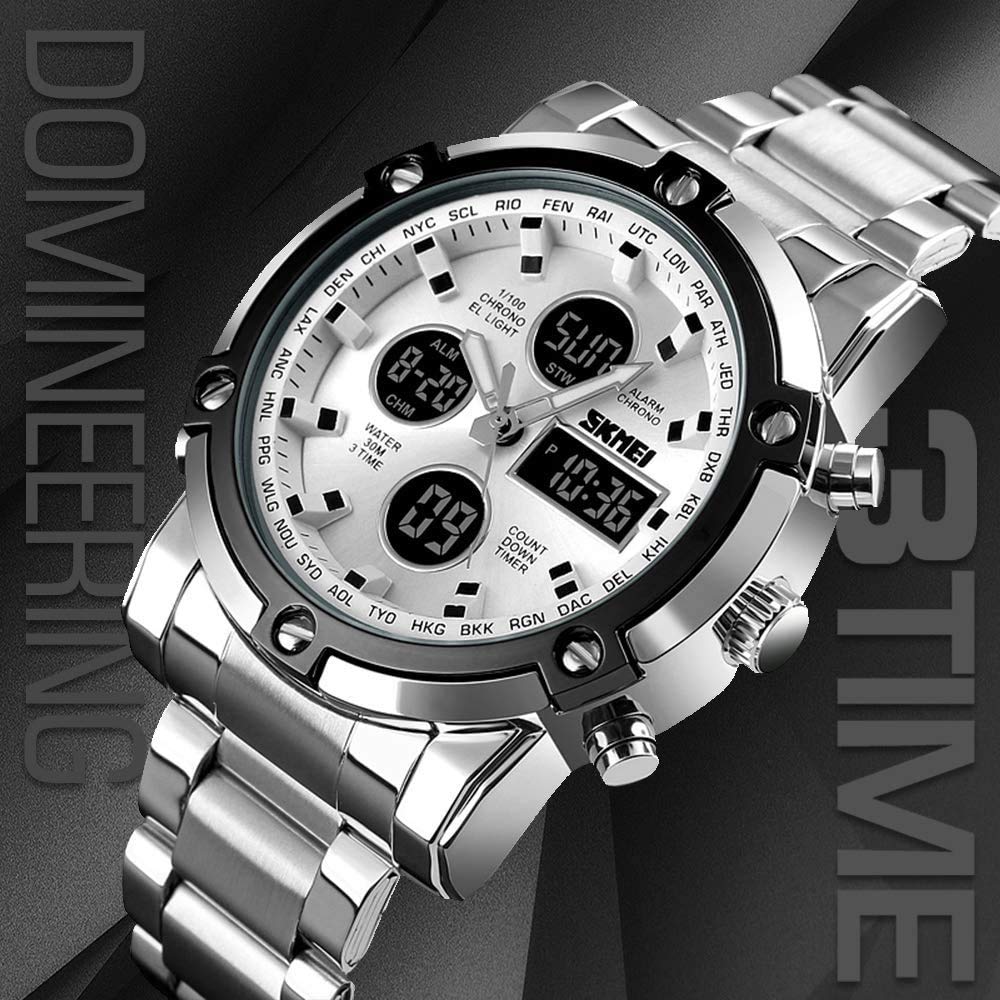 MASTOP Reloj de pulsera analógico digital de acero inoxidable de lujo, resistente al agua hasta 50 m, doble pantalla, doble hora, cuarzo, multifuncional, con cronómetro, alarma, retroiluminación LED