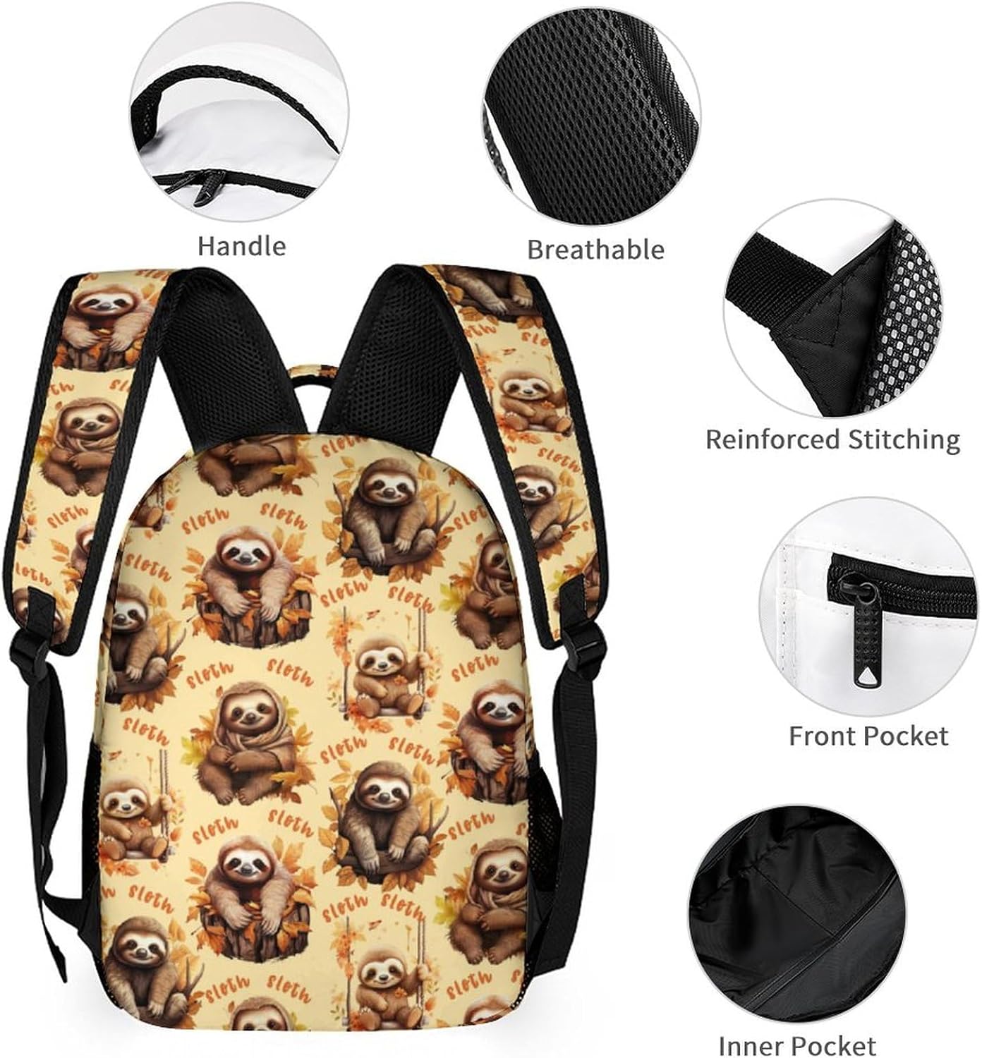 Sloth Backpack with Lunch Box & Pencil Case for Kids Girls Boys School, 16 Inch Cute Slothes Bookbag, School Backpack for Students Children, Lightweight, Large Capacity - Image 3