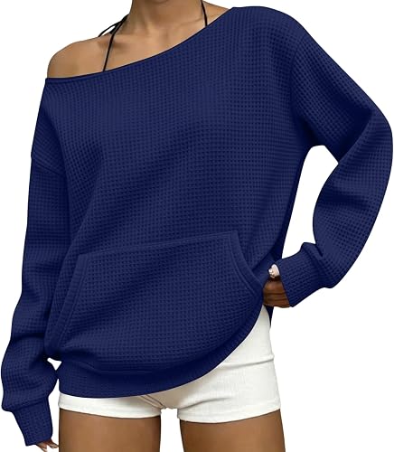 Off the Shoulder Workout Tops for Women Pullover Drop Shoulder Oversized Long Sl