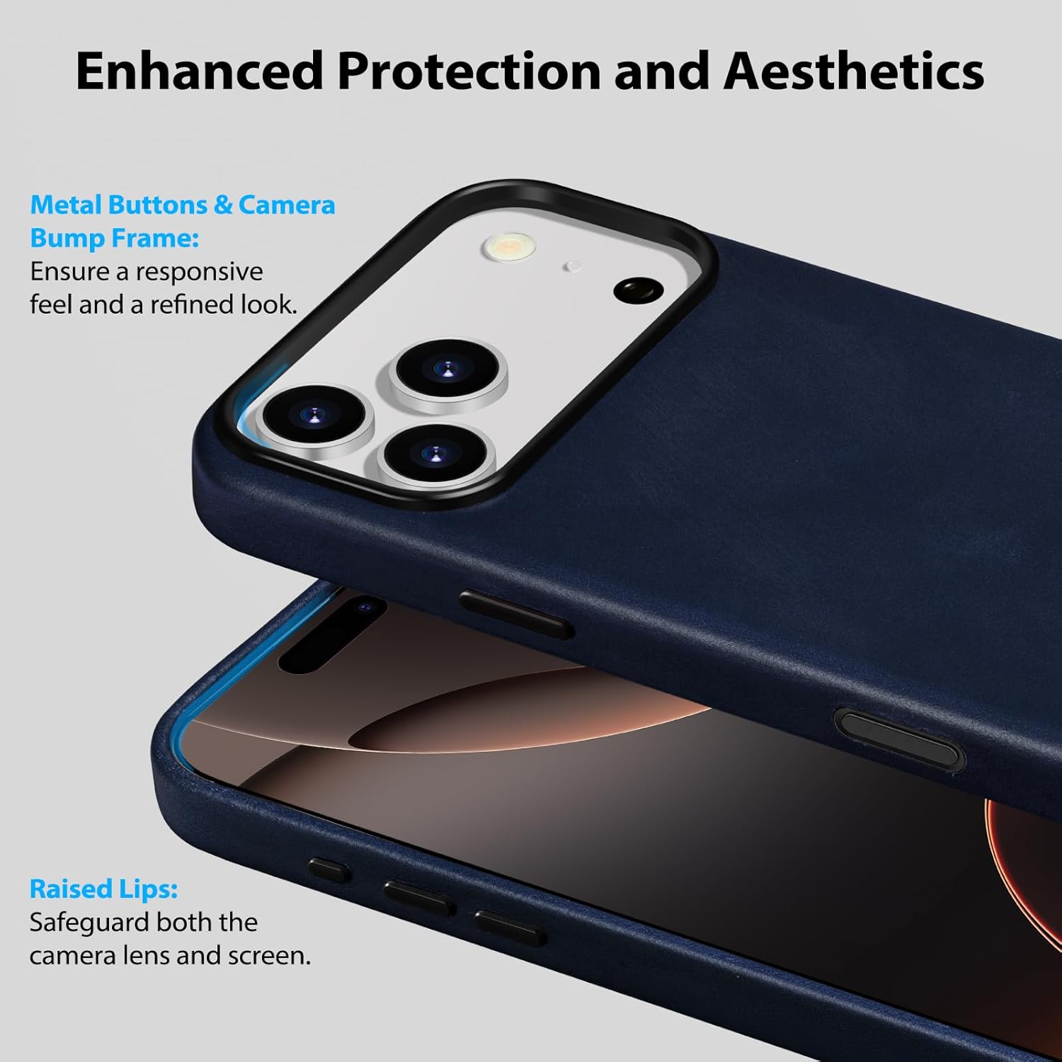 Belemay Handcrafted Full-Grain Vegetable-Tanned Leather Case for iPhone 17 Pro Max, Compatible with MagSafe, Two-Tone Effect, Natural Patina, Camera Control Button, Metal Buttons (6.9"), Navy Blue - Image 5